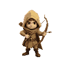archer with bow and hood, with a green field in the background
