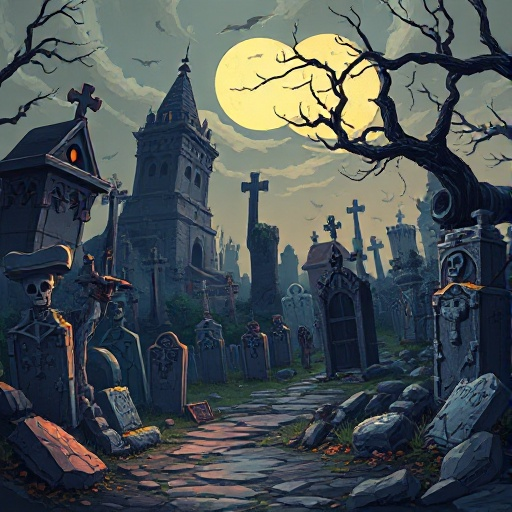 metal slug-style setting with a dark cemetery theme