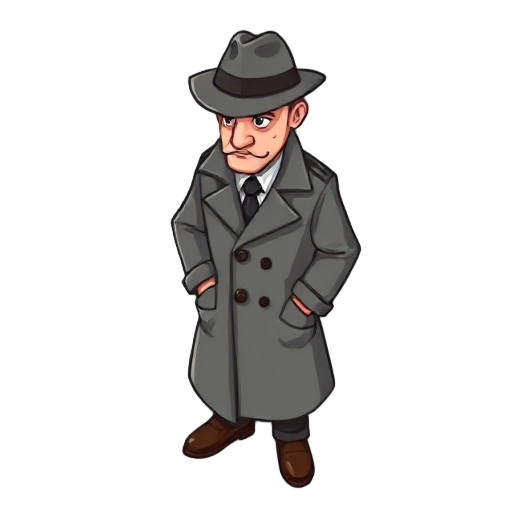 1930s private detective dressed with gray raincoat and a hat. 16 bit.