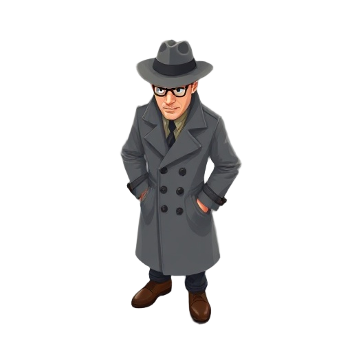 1930s private detective dressed with gray raincoat and a hat