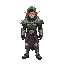 tall figure in enchanted armor, glowing eyes, protective aura.