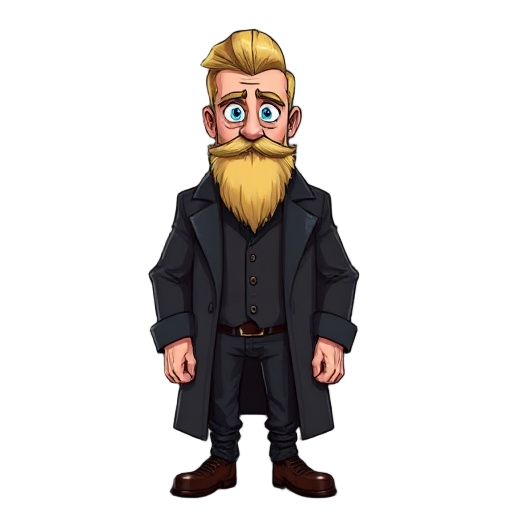 blonde, blue eyed man with slick back hair and a full medium length beard in old english gangster clothes