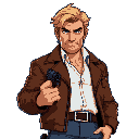 pixel art of jack donovan, a tough 80s cop. he wears a brown leather jacket, white shirt, and blue jeans. blonde messy hair, stubble, holding a revolver. 2d shooter style, vibrant, cinematic 80s feel