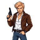 pixel art of jack donovan, a tough 80s cop. he wears a brown leather jacket, white shirt, and blue jeans. blonde messy hair, stubble, holding a revolver. 2d shooter style, vibrant, cinematic 80s feel