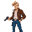 pixel art of jack donovan, a tough 80s cop. he wears a brown leather jacket, white shirt, and blue jeans. blonde messy hair, stubble, holding a revolver. 2d shooter style, vibrant, cinematic 80s feel