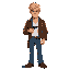 pixel art of jack donovan, a tough 80s cop. he wears a brown leather jacket, white shirt, and blue jeans. blonde messy hair, stubble, holding a revolver. 2d shooter style, vibrant, cinematic 80s feel