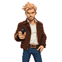 pixel art of jack donovan, a tough 80s cop. he wears a brown leather jacket, white shirt, and blue jeans. blonde messy hair, stubble, holding a revolver. 2d shooter style, vibrant, cinematic 80s feel