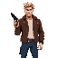 pixel art of jack donovan, a tough 80s cop. he wears a brown leather jacket, white shirt, and blue jeans. blonde messy hair, stubble, holding a revolver. 2d shooter style, vibrant, cinematic 80s feel.