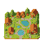 stardew valley style, a cozy village square with small colorful houses, wooden roofs, grassy areas with flowers, trees, cobblestone paths, a pond, cute bright detailed look.