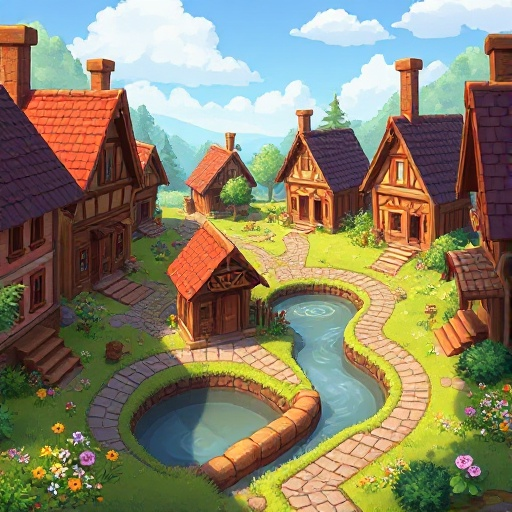 style of stardew valley. a cozy village square with several small colorful houses with wooden details, grassy areas with flowers, a small pond or stream, cobblestone paths, some trees and bushes.