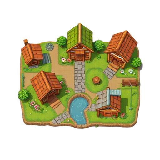 style of stardew valley. a cozy village square with several small colorful houses with wooden details, grassy areas with flowers, a small pond or stream, cobblestone paths, some trees and bushes.