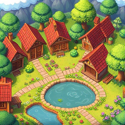 stardew valley style, a cozy village square with small colorful houses, wooden roofs, grassy areas with flowers, trees, cobblestone paths, a pond, cute bright detailed look.