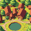 stardew valley style, a cozy village square with small colorful houses, wooden roofs, grassy areas with flowers, trees, cobblestone paths, a pond, cute bright detailed look.