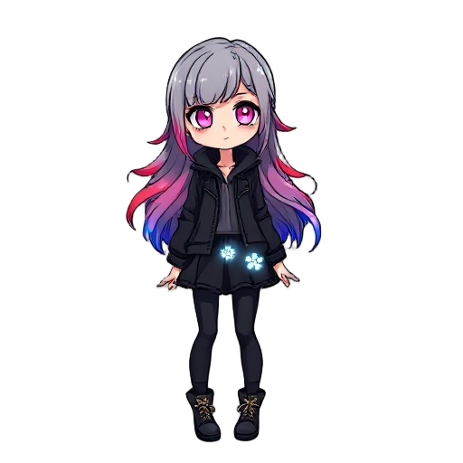 sketch/line-art with selective color accents of a girl, full body, long flowing hair with gray roots fading to red, purple, and blue tips, glowing expressive eyes, black jacket, worn black skirt with glowing flowers, black leggings, boots, clean line art,