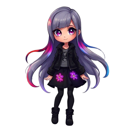 painterly / oil-painting style of a girl, full body, long flowing hair with gray roots fading to red, purple, and blue tips, glowing expressive eyes, black jacket, worn black skirt with glowing flowers, black leggings, boots, clean line art, soft shading,