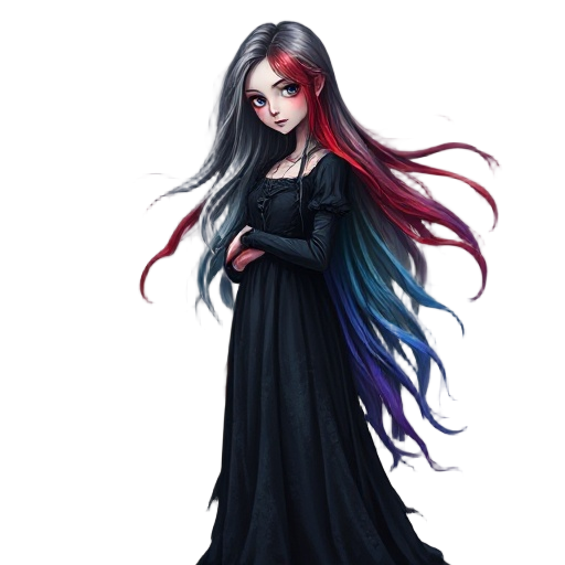 realistic gothic fantasy full-body painting of a young woman with long hair fading from gray to vibrant red, blue, and purple. pale skin,  wearing a long dark gothic dress that fully covers her legs, tattered and frayed at the edges, textured fabric. the 