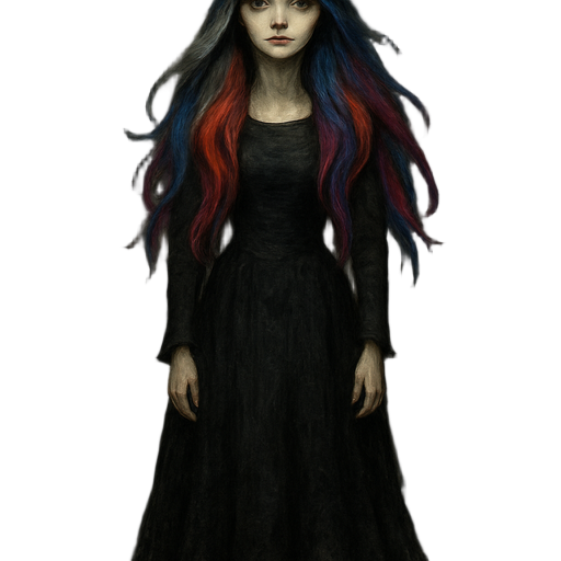 realistic gothic fantasy full-body painting of a young woman with long hair fading from gray to vibrant red, blue, and purple. pale skin,  wearing a long dark gothic dress that fully covers her legs, tattered and frayed at the edges, textured fabric. the 