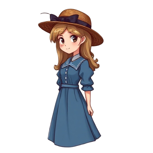 nime-style woman, early-20th-century look, side profile (facing right), age 17–20, fair skin, long light-brown hair loose with a few strands flying, brown straw hat with a dark ribbon bow, vintage blue dress (high collar, puffed sleeves, fitted waist with
