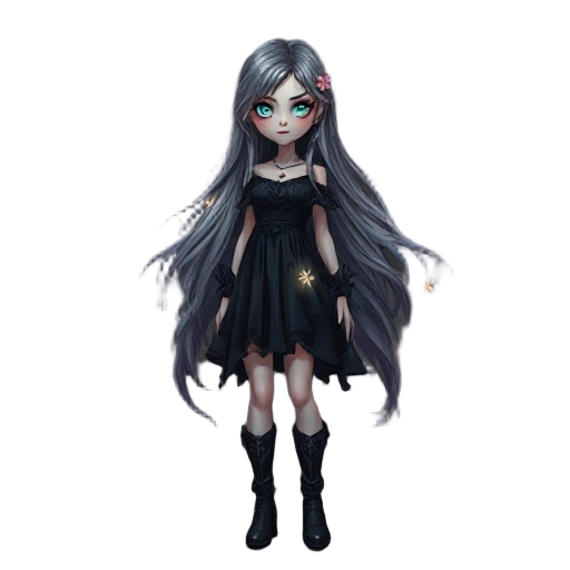 full-body semi-realistic gothic fantasy art of a young woman with long hair fading from gray to vibrant colors. pale skin, glowing eyes, dark tattered dress and boots, faint luminous flowers glowing on fabric. oil painting style, dramatic light, moody yet