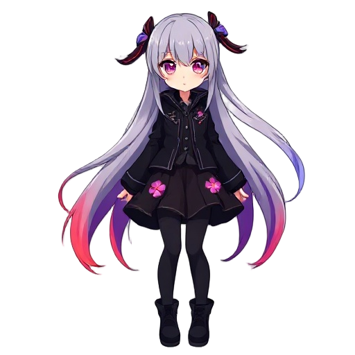 anime-style girl, full body, long flowing hair with gray roots fading to red, purple, and blue tips, glowing expressive eyes, black jacket, worn black skirt with glowing flowers, black leggings, boots, clean line art, soft shading, neutral background.