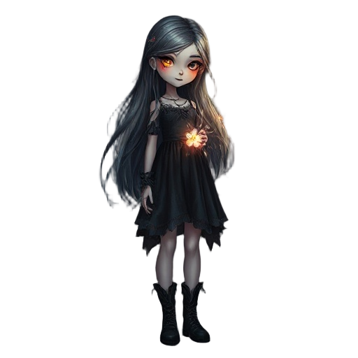 full-body semi-realistic gothic fantasy art of a young woman with long hair fading from gray to vibrant colors. pale skin, glowing eyes, dark tattered dress and boots, faint luminous flowers glowing on fabric. oil painting style, dramatic light, moody yet
