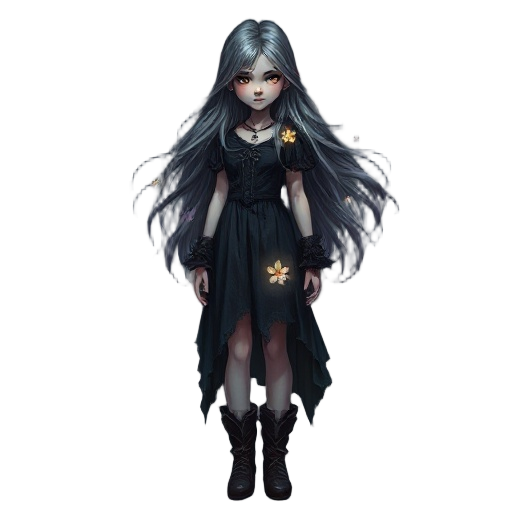 full-body realistic gothic fantasy art of a young woman with long hair fading from gray to vibrant colors. pale skin, glowing eyes, dark tattered dress her lags are covered and boots, faint luminous flowers glowing on fabric. oil painting style, dramatic 