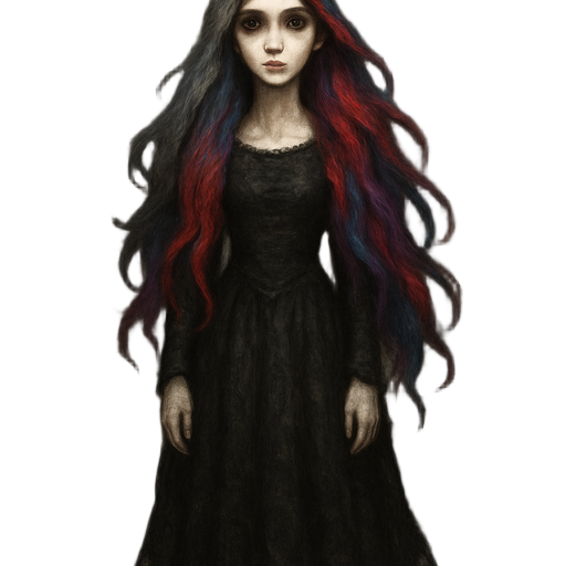 realistic gothic fantasy full-body painting of a young woman with long hair fading from gray to vibrant red, blue, and purple. pale skin,  wearing a long dark gothic dress that fully covers her legs, tattered and frayed at the edges, textured fabric. the 