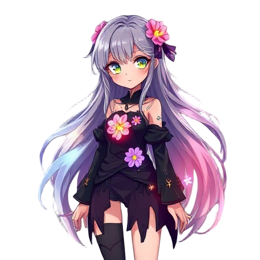 anime-style girl protagonist with mind-reading and trauma-healing powers. long hair fades from gray to vibrant colors, glowing eyes, torn dark outfit with luminous flowers. she stands in a world half dark, half blooming, radiating hope and healing aura, d
