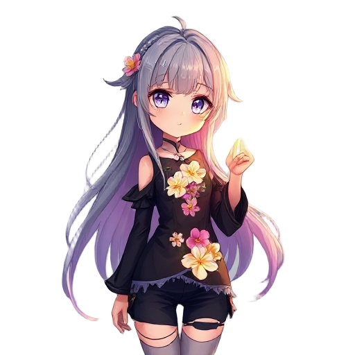 anime-style girl protagonist with mind-reading and trauma-healing powers. long hair fades from gray to vibrant colors, glowing eyes, torn dark outfit with luminous flowers. she stands in a world half dark, half blooming, radiating hope and healing aura, d