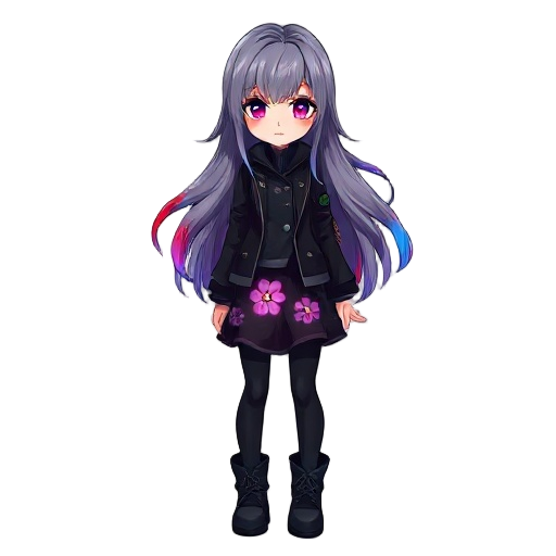 painterly / oil-painting style of a girl, full body, long flowing hair with gray roots fading to red, purple, and blue tips, glowing expressive eyes, black jacket, worn black skirt with glowing flowers, black leggings, boots, clean line art, soft shading,