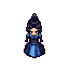 a full-body gothic anime-style woman, standing in profile, with pale skin and long flowing black hair. she wears a victorian-inspired deep blue gown with a high collar, puffed long sleeves, fitted corset waist, and floor-length flowing skirt. elegant lace