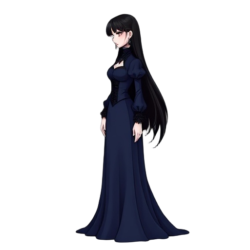 a full-body gothic anime-style woman, standing in profile, with pale skin and long flowing black hair. she wears a victorian-inspired deep blue gown with a high collar, puffed long sleeves, fitted corset waist, and floor-length flowing skirt. elegant lace