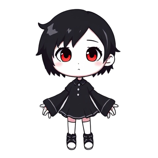 small goth girl with black fluffy short hair and white face with red eyes and 4 arms