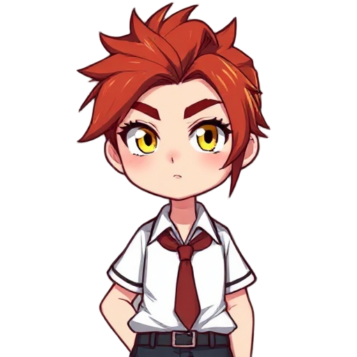 tomboy with red long hair messy with a wolfcut and textured  a bit of muscle in a school uniform with feirce yellow eyes with strong thick long eyelashes no blush thick black eyebrows