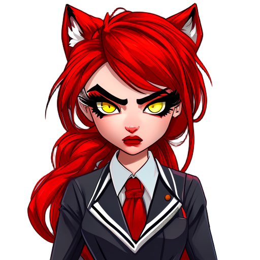 tomboy with red long hair messy with a wolfcut and textured  a bit of muscle in a school uniform with feirce yellow eyes with strong thick long eyelashes no blush thick black eyebrows