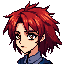 tomboy with red long hair messy with a wolfcut and textured  a bit of muscle in a school uniform with feirce yellow eyes with strong thick long eyelashes no blush thick black eyebrows