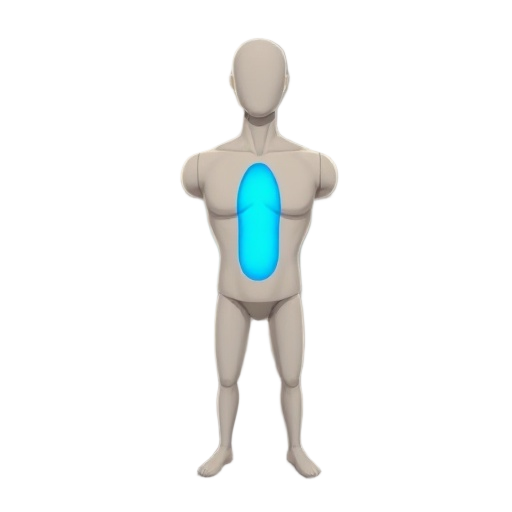 a mannequin without a face with a blue core in its chest 