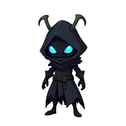 "a 2d character design for a hollow knight-style game. the character is a mysterious insectoid knight with a dark, worn-out cloak, glowing blue eyes, and a small curved horn on each side of the head. 