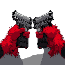 first person holding two glock 17 pistols, dark red fur hands