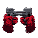 doom style first person holding two glock 17 pistols, dark red fur hands