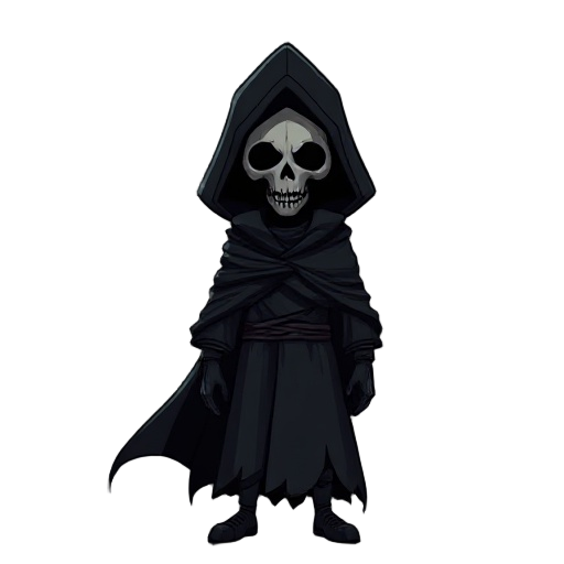 a dark reaper character wearing a black hooded cloak and a skull mask. his glowing eyes shine through the mask. no weapon, just the figure standing in a misty, eerie background. the wind moves his cloak gently. the mood is ominous, ghostly, and cinematic.