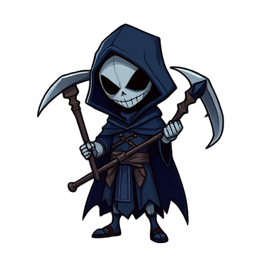 create a stylized cartoon character inspired by the grim reaper, but with a unique twist. the character wears a dark indigo hooded cloak with sharp angular edges, and instead of a scythe, they carry a