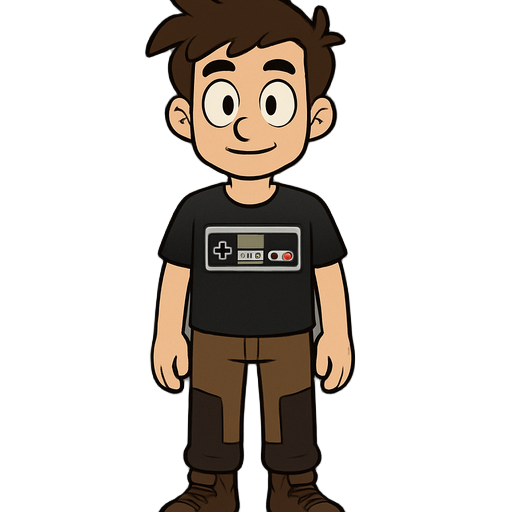 guy with brown and black hiking pants and a black t-short with a nes controller on the front