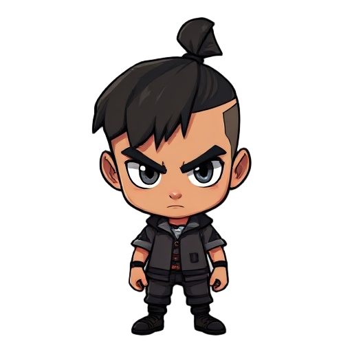 a brooding, restless character with the look of someone who's seen too much and trusts too little. his eyes are sharp and constantly scanning the world around him, like he's always calculating the next move. hair tied back in a small ponytail with a clean