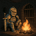 medieval knight in full plate amour sit by campfire in dungeon
