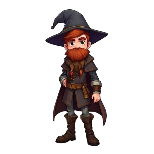 medieval battle mage, male, wizard hat, red hair, leather boots
