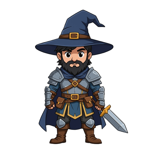 medieval battle mage, male, wizard hat, black hair, leather boots, no facial hair, armored