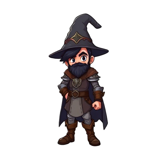 medieval battle mage, male, wizard hat, black hair, leather boots, no beard, armored