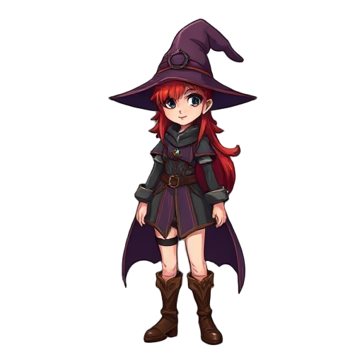 medieval battle mage, female, wizard hat, red hair, leather boots