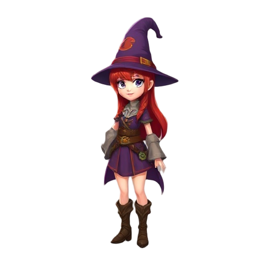 medieval battle mage, female, wizard hat, red hair, leather boots